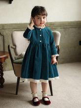 Girls Autumn/Winter Velvet Color Block Lace Trim Collar Dress, Christmas, New Year, Birthday Party Princess Dress
